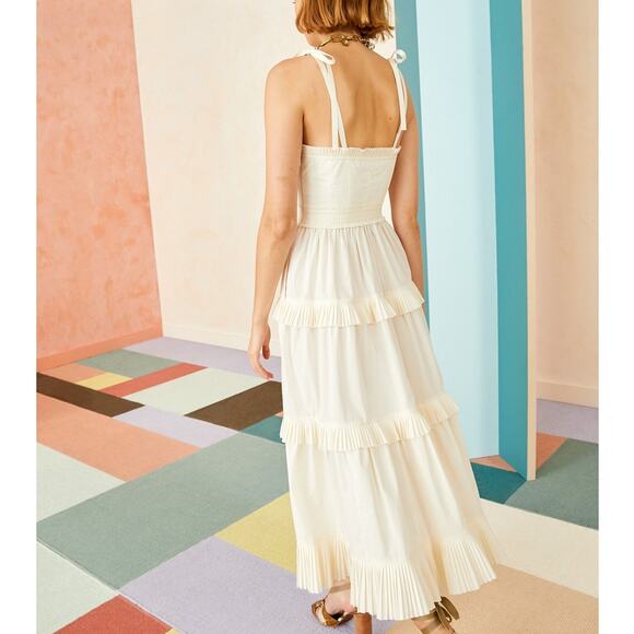 Ulla Johnson Lune Dress in Blanc ruffle tiered cotton poplin ribbon tie size 0 - Picture 3 of 12